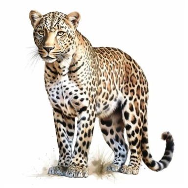 african leopard , full body, front face, clipart, isolated on white background, watercolor drawing, photo-realistic techniques