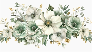 anemone flower print, watercolor floral ornament download, flowers collection and clipart, in the style of light emerald and dark beige, elaborate borders, light gray and amber, colorful arrangements, 3840x2160, light white and brown, luxurious fabrics, white background