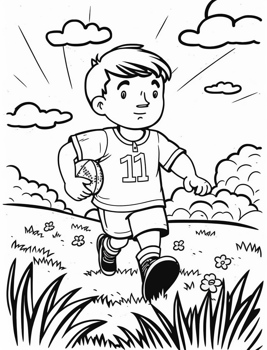 a cute boy playing footbal in a field, black and white clipart for a ...