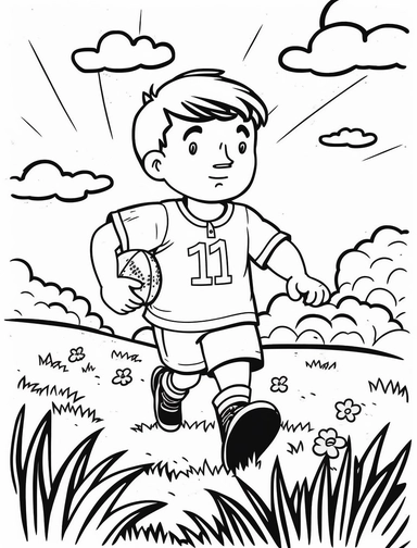 a cute boy playing footbal in a field, black and white clipart for a kids coloring page, simple and clean line art, illustration style,