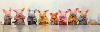a row of cute miniature piglets, a collage of mixed media art made with tissue paper, magazine and newspaper clippings, oil paint, graphite pencil lines and fabric, in the style of playful surrealism, whimsical, washi tape