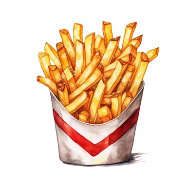 watercolor detailed illustration of French fries in a paper cone, clipart, white background