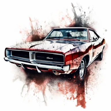 Feel the power of a roaring Dodge Charger in a classic American muscle car clipart composed in large ink blocks, capturing the spirit of speed and strength from s.ightly above. In HD on a white background.