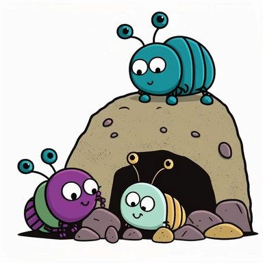bugs under a lifted rock, grub bugs, clipart style, vector, logo, cute, golden, purple, teal, pink, lite blue, picture book style, children's lesson book, captivating, kid friendly cute character, black and white, coloring book style, cartoon style, vector image, simple, line art style, character, white background