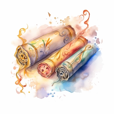 A mystical clipart design of ancient magic scrolls, with glowing runes and ethereal elements, symbolizing the ancient secrets and powerful spells contained within the scrolls, watercolor, white background
