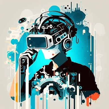 worker in vr headset, industrial, helmet, virtual reality hmd, repairing hardware, poster, simplistic, abstract, vector, 2d illustration, clipart, few colors