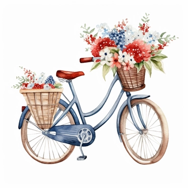 make a fourth of july clipart of a vintage beach cruiser bicycle with a basket filled with red white and blue flowers, watercolor style, white background