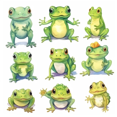 watercolor kawaii frogs, illustrations clipart set, simple, cartoon elements, different variants, separate elements with a margin