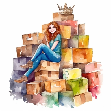 watercolor clipart of a happy Etsy seller on a throne of shipping boxes