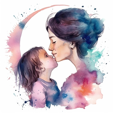 imagine watercolor, mother, happy, kissing child on forehead, clipart hd, profile shot, dreamy, on white background, portrait, spaced out