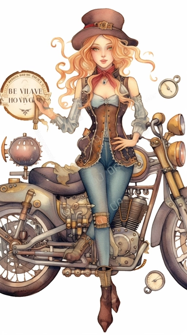 watercolor steampunk girl entire body illustration in front of a steampunk motorcycle clipart by holly hobbie and mary engelbreit