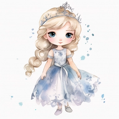 Toddler princess elsa cartoon watercolor, with her braid in her hair, round face delicate her long hair sharp and detailed her outfit like the original princess, character should be well drawn with soft tones a very clear smile confident and a head lightly painted in watercolor the character is a one year old baby should be on a white background clipart