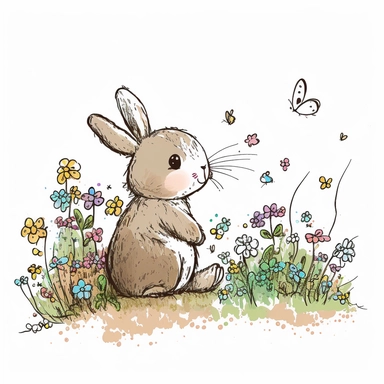 https:funny comic drawn sketch cartoonish cute rabbit on white background, add some easter eggs, artistic painting, easter spring scene, add some flowers, add some butterflies, spring vivid colors, watercolor, clipart, 2d, sketch style, no text, no logo