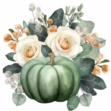 Dark green pumpkin, bouquet of white roses, green leaves, gray eucalyptus leaves, white fruits, watercolor, clipart, illustration, white background