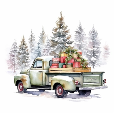 High resolution Let it snow, Beautiful decorated christmas tree in the back of a pickup, grid, contemporary diy, white background, mixed patterns, realistic, scrapbook, high resolution, , style by Lucy Fleming, watercolor, smooth gradients, black contour