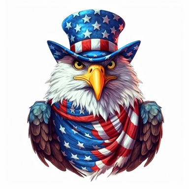 digital clipart, solid white background, a realistic bald patriotic eagle wearing 4th July apparel