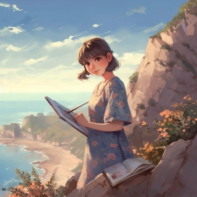 Short-haired girl with slightly curled hair, wearing a butterfly hair clip, melon face, wearing a one-piece flower dress, holding a tray and a brush to paint a watercolor landscape on the edge of a cliff, full body, clear sky, sunny, realistic style, soft light, white light, demure