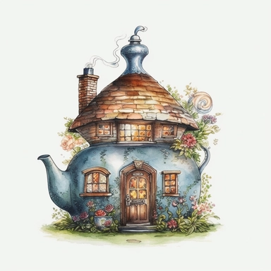 a Teapot House watercolor Clipart sublimation clipart graphic, full body, clipart, sticker, a single picture, cartoon style, highly detailed, 8k, one image in the frame--no text in the picture--