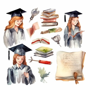 Watercolor graduation ceremony related scenes, illustrations clipart set, simple, , cartoon elements, different variants, separate elements with a margin