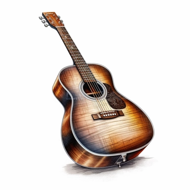 acoustic guitar watercolor illustration clipart, photorealistic high details, white background