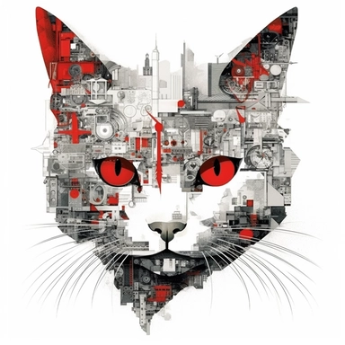 cat, Red eyes, collage quirky cool collage city, Felis catus clipart, white contour, detailed, clean line, hd, on white background, spaced out