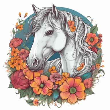 hyperrealistic, beautiful white horse, grass and flowers with sun, cartoon style, no background, no shading, white background, funny and fruit, fantasy, Realistic colorful magic musroom, clipart, transparent background, sticker, drawing, fantasy, lot of details, psychedelic, no watermark, pink