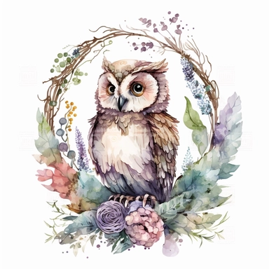 watercolor cute cartoon fantasy owl defined edges Floral Clipart pastel color white background