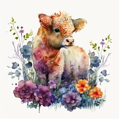 Vibrant watercolor clipart: a precious highland calf amid a vibrant garden of blooming flowers. Overflowing with innocence and joy. HD quality. Resolution: