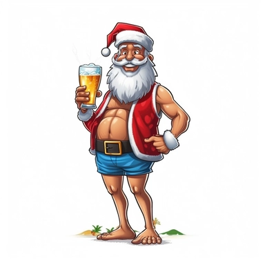 cute simple clipart sticker vector of a Australian Santa wearing his red Santa hat and a pair of beach shorts only and holding a beer bottle with a white background