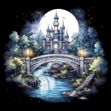 light watercolor Fantasy Castles night scenery on the moon in the garden forest with waterfalls and bridges realistic clipart on black background