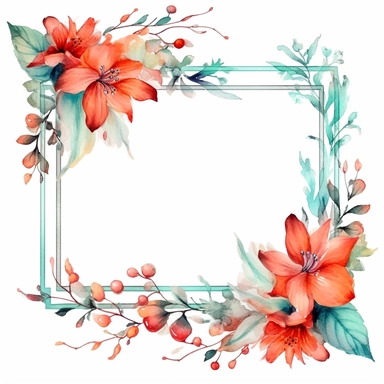 Upscaling image #1 with watercolor clipart of a empty suttle dainty floral rectangle frame surrounded by turquoise color flowers and coral color flowers. Capture the essence of blooming beauty and intricate details in your artwork, white background