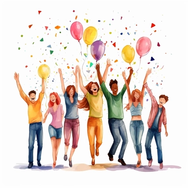 watercolor, Happy people celebrating birthday with confetti, balloons, party hats and horns. Holiday celebration concept. Men and women rejoicing together. png Full body realistic cartoon in 32K UHD cute. 15 cm thick outline. Black color. There was no shadow on the ground. 8k with realistic watercolors and detailed illustrations. PNG clipart, transparent white background
