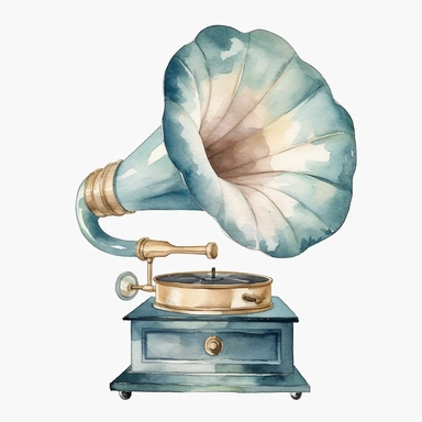 Watercolor blue gramophone, wedding clipart, simple, soft colors, cartoon elements, watercolor boho style, white transparent