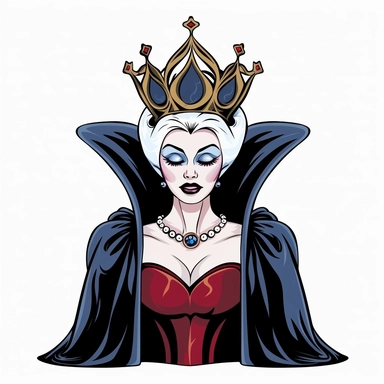 2d partially lined clipart illustration of an evil but beautiful queen, in the style of 1959's sleeping beauty movie, white background