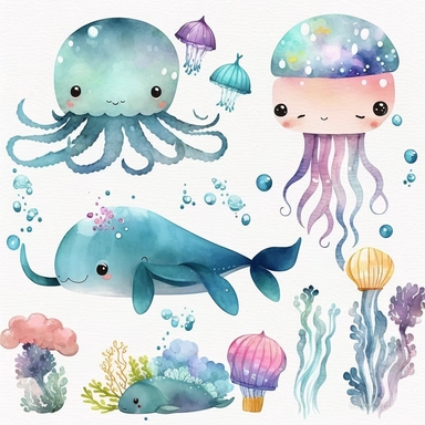 Undersea watercolor clipart, nursery decor, kawaii baby wall art, octopus, jellyfish, whale, cute ocean animals no text