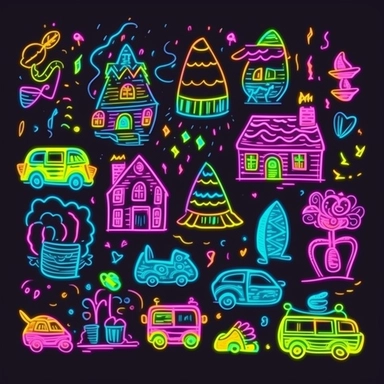 cute hand drawn neon color clipart set on black background , big house, beach, castle, boat, a girl, a boy, car, bus, train, plane, bird, eagle, fox, lion, cat, cats, fish, cake