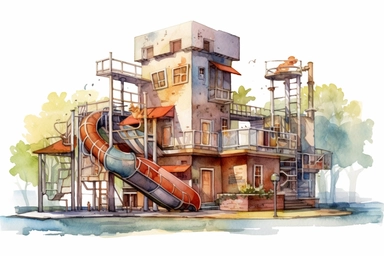 urban scenery, concrete school playground. Pixar childrens book cartoon style, detailed, modern, urban, watercolor, full color, flat color, white background. children book illustration. Watercolor clipart. Pixar animation