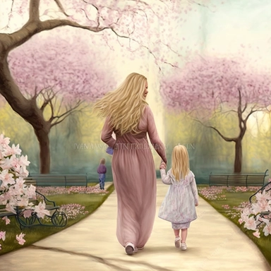 beautiful young pregnant mother with long blonde hair, toddler daughter with long hair holding hands walking in park, flowering trees, path lined with benches, highly detailed, realistic, fantasy, ethereal, soft colors, sharp focus, clipart style, fix dress