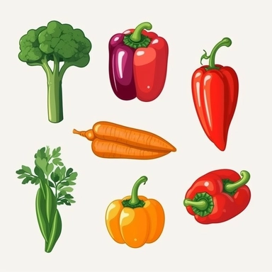 Create a set of high-quality PNG vegetable clipart images. Each illustration should showcase a different vegetable, such as carrots, broccoli, tomatoes, and peppers, in a clean and crisp style. The colors should be vibrant and true to nature, making the vegetables appear fresh and appealing. The clipart images should be versatile and suitable for use in educational materials, recipe cards, or any design project that celebrates healthy eating and nature's bounty.