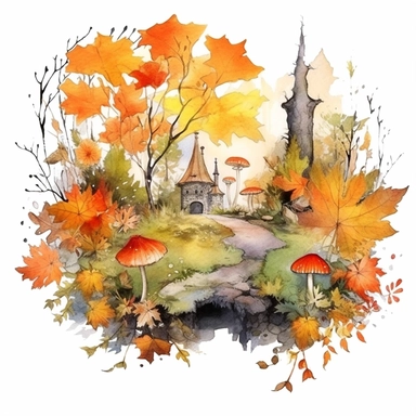 the garden in autumn leaves season, watercolor in medieval cartoon grunge style clipart on white background