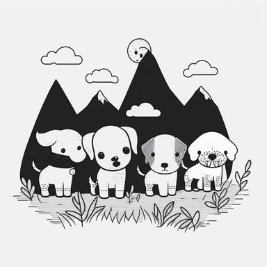 group of dogs hiking together in the mountains. cute, clipart, flat 2d vector, minimalist, black and white, kids cartoon, svg cut file, line art drawing