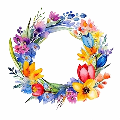 clipart, isolated on white background, Watercolor spring floral gold wreath, detailed, ornated, vivid and vibrant and saturated colors