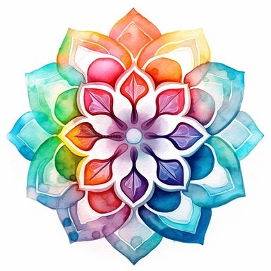 watercolor clipart of 3D mandala, vibrant chakra colors, on white background