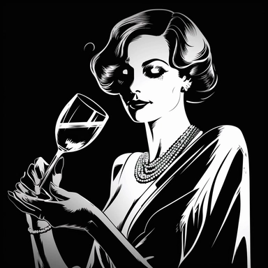sketch clipart of 20s poster lady enjoying wine, hd, white on black background, spaced out,--ar 3:2
