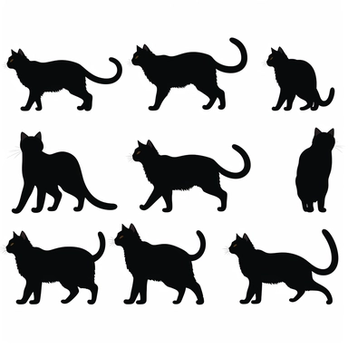 collection black cat in profile, walking, clipart, white background
