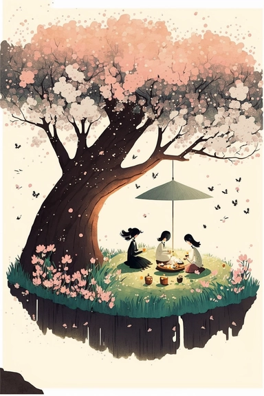 in the style of andreas rocha, Mary Blair, Gabriel Pacheco, Anastasia Suvorova, Jon Klassen, jo grundy, separated isolated single of picnic time under the sakura tree, abundant food, green grass, petals rain, wind blowing, flowers, tranquil and serene, white background, fantasy, magical, cute, white background, cozy, vector, clipart, elaborate, ultra-detailed, best quality digital illustration, well composed, vibrant colors, high definition, UHD