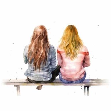 2 beautiful best friend girls sitting together back view illustration clipart, high detailed, white background, illustration painting, digital art, 8k, hd, watercolor