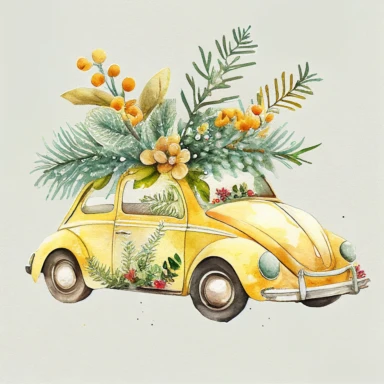 Christmas Car Yellow. Watercolor holiday clipart, vintage, retro car, bug, winter, Christmas tree, floral wreaths, xmas, merry, holly, cards