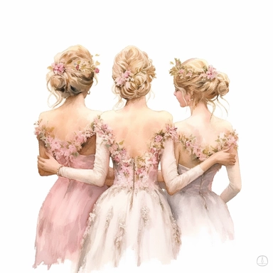 glamour dolce & gabbana half body back shot, watercolor white wedding dress bride wedding hairstyle with beautiful gold headpiece clipart, + two bridesmaids in pink dress, hd, isolated on white background, spaced out ar 3:2