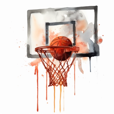 a watercolor clipart of a basketball going into a backball hoop with a glass backboard portrait, watercolor painting, no background, white background color, no-text